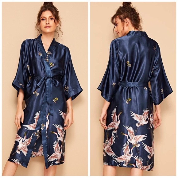 New Navy Blue Satin Silk-Like Kimono Robe - Picture 2 of 5